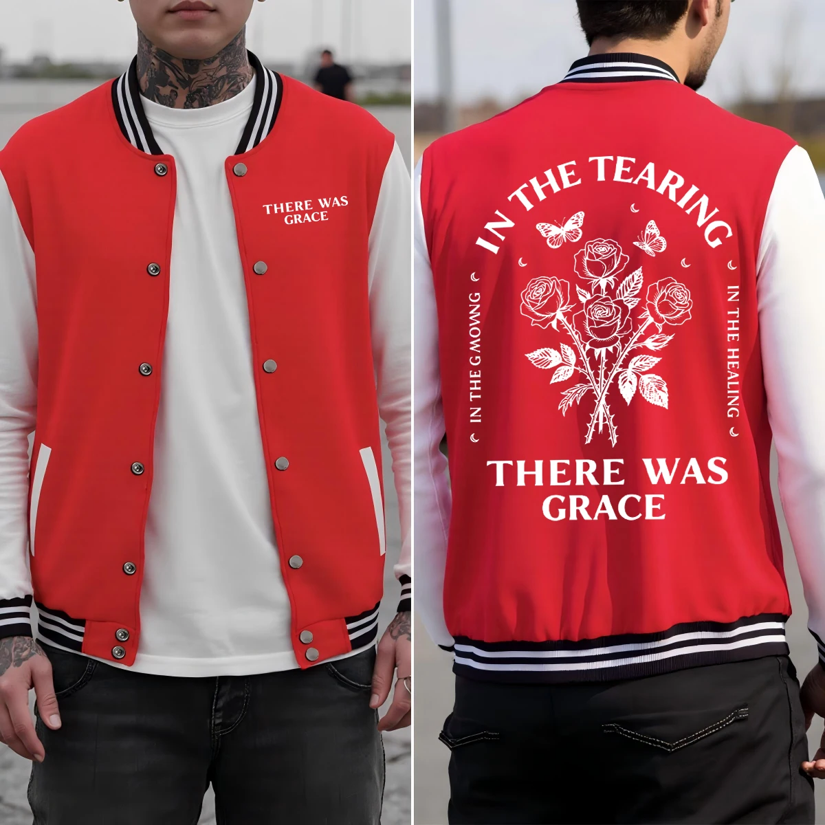 

There Was Grace Rose Butterfly Print Men Jackets Cotton Loose Clothes Autumn Colorful Sportswear Casual Baseball Uniform