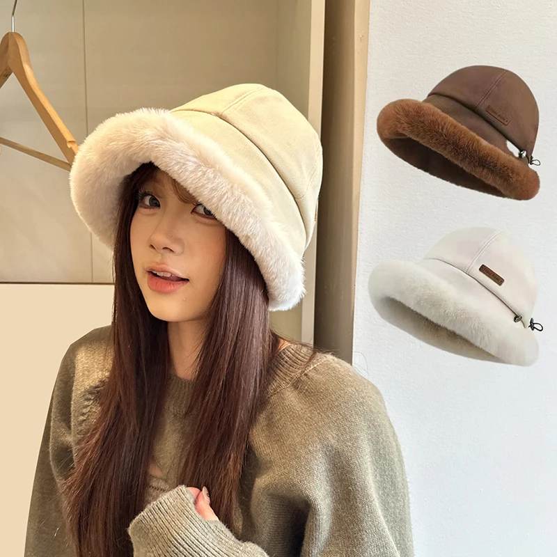 Winter Plush Fisherman Cap Thick Fluffy Women Retro Cap Cycling Warm Hat Windproof Female Warm Hat Casual Versatile Panama Cap