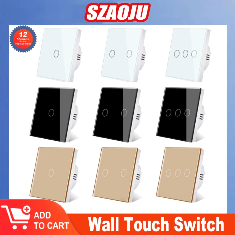 Szaoju EU Wall Touch Switch Crystal Tempered Glass Panel Light Switches 1/2/3 Gang 1 Way LED Indicator Sensor Electrical Button