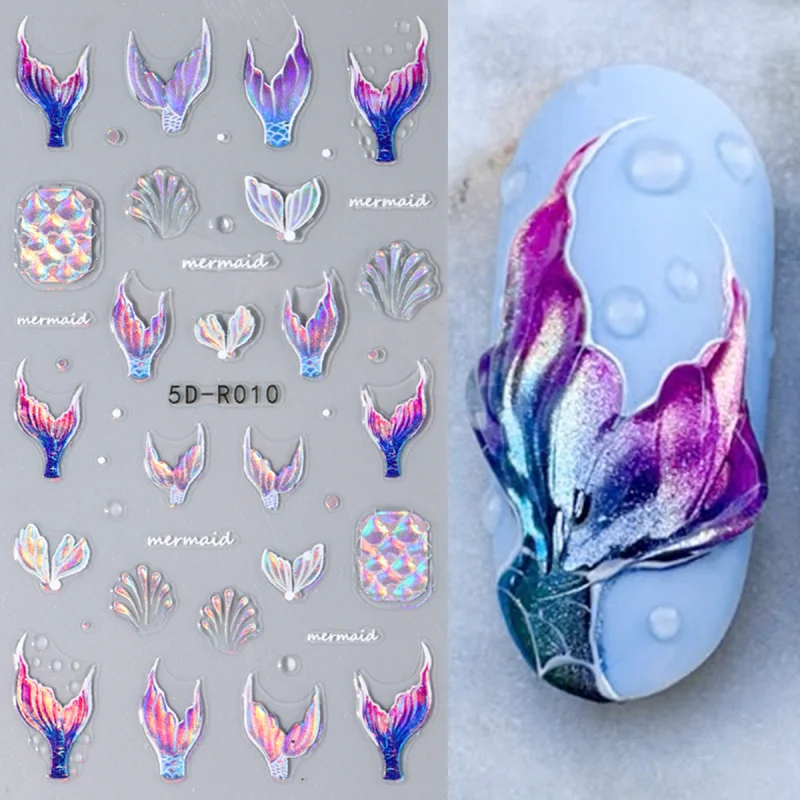 5D Shiny Mermaid Tail Nail Stickers Dreamy Bubble Sea Shell Star Ocean Wave Designs Aurora Embossed Decals Summer Nail Art Decor
