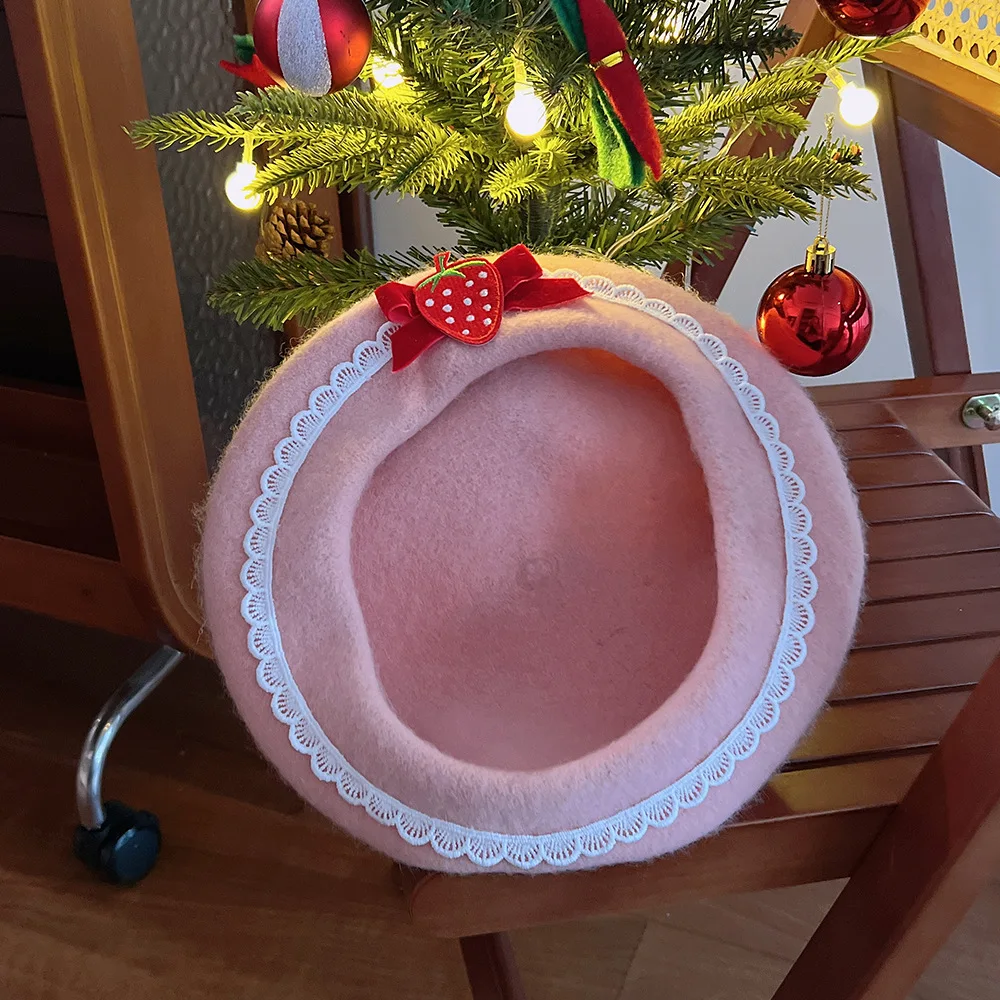 

Pink Bow Strawberry Beret Women's New Winter Warm Sweet Wool Hat Vintage Painter Hat