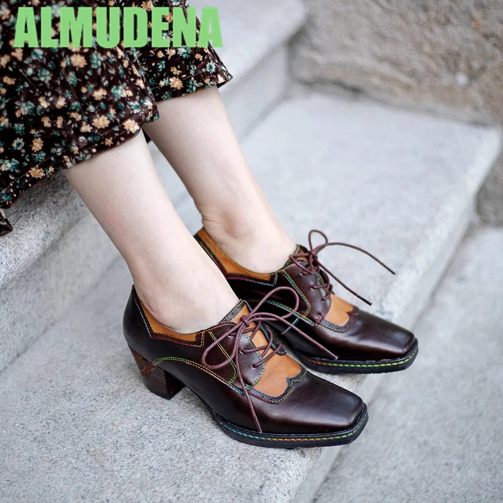 

Square Toe Thick Heel Pump Front Strap Leather Splicing Design Colorful Stitching Shallow Mouth Retro Temperament High Heels