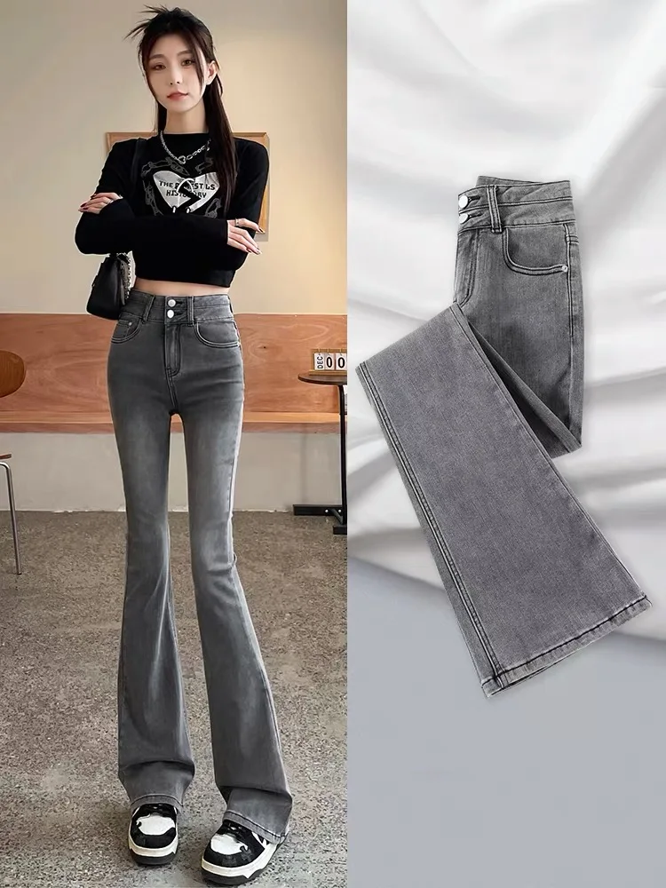 High Waist Slim Fit Micro Flared Denim Jeans Women's Spring Season Elastic Double Button Smoking Grey Color Casual Straight L...