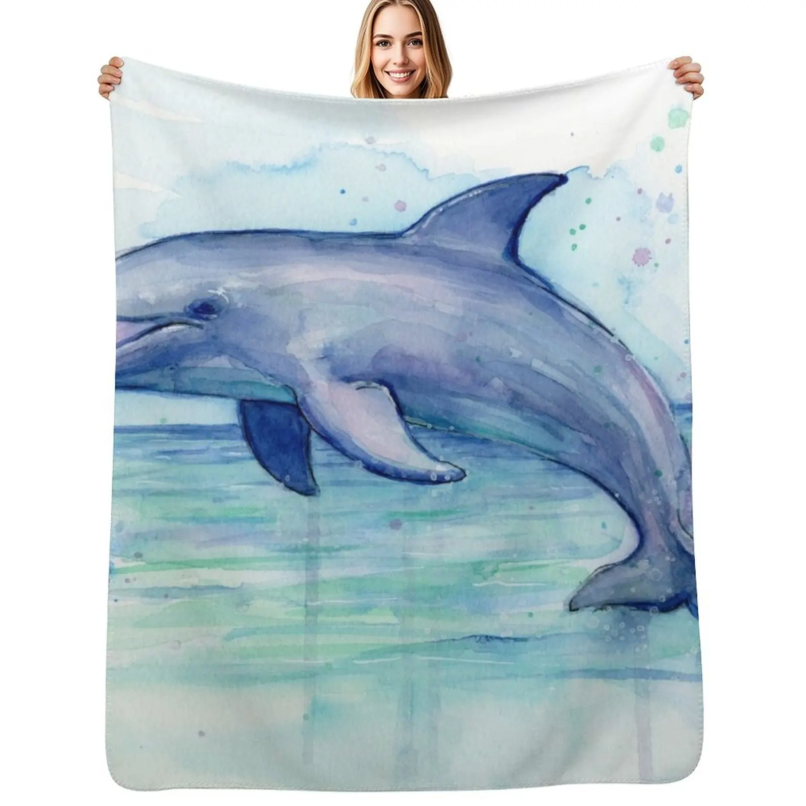 Dolphin Watercolor Throw Blanket Plaid on the sofa Luxury St blankets ands Beach Thins Picnic Blankets