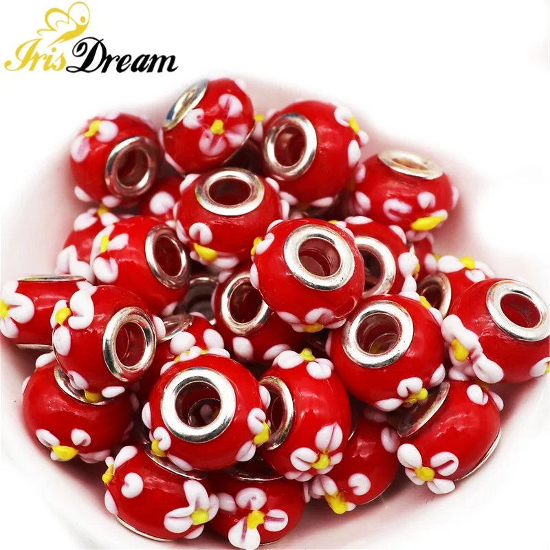 10 шт. красный цвет цветок искусство круглые свободные стеклянные бусины-разделители лэмпворк 5 мм большое отверстие подходят для браслета садовые колья DIY ювелирная ручка