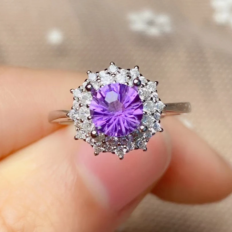 

VVS Grade Natural Amethyst Ring 6mm*6mm Round Amethyst Silver Ring 18K Gold Plating 925 Silver Crystal Jewelry