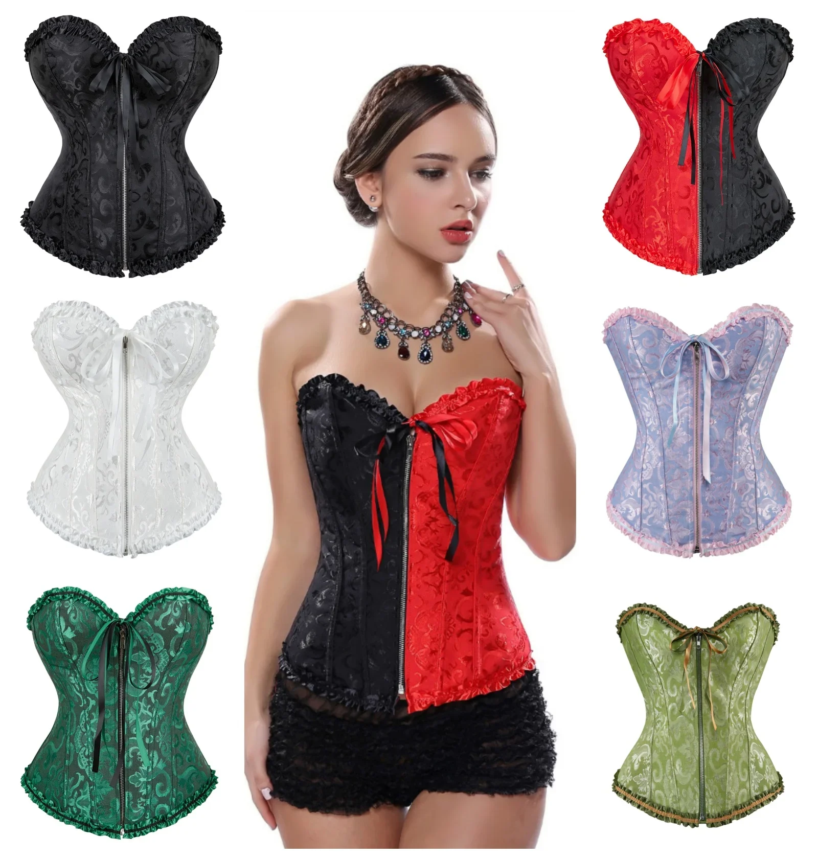 Women's Corset Lace Up Bustiers Jacquard Corsets Zip Boned Bustier Casual Corsage Plus Size Halloween Evening Party Costumes