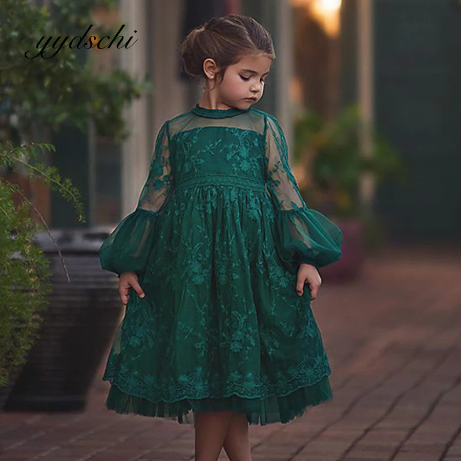 

Green A-Line Flower Girl Dresses Wedding Pleat Tulle Appliques Simple Long Sleeve Tea-Length Beach Dress for Kids Party Dance
