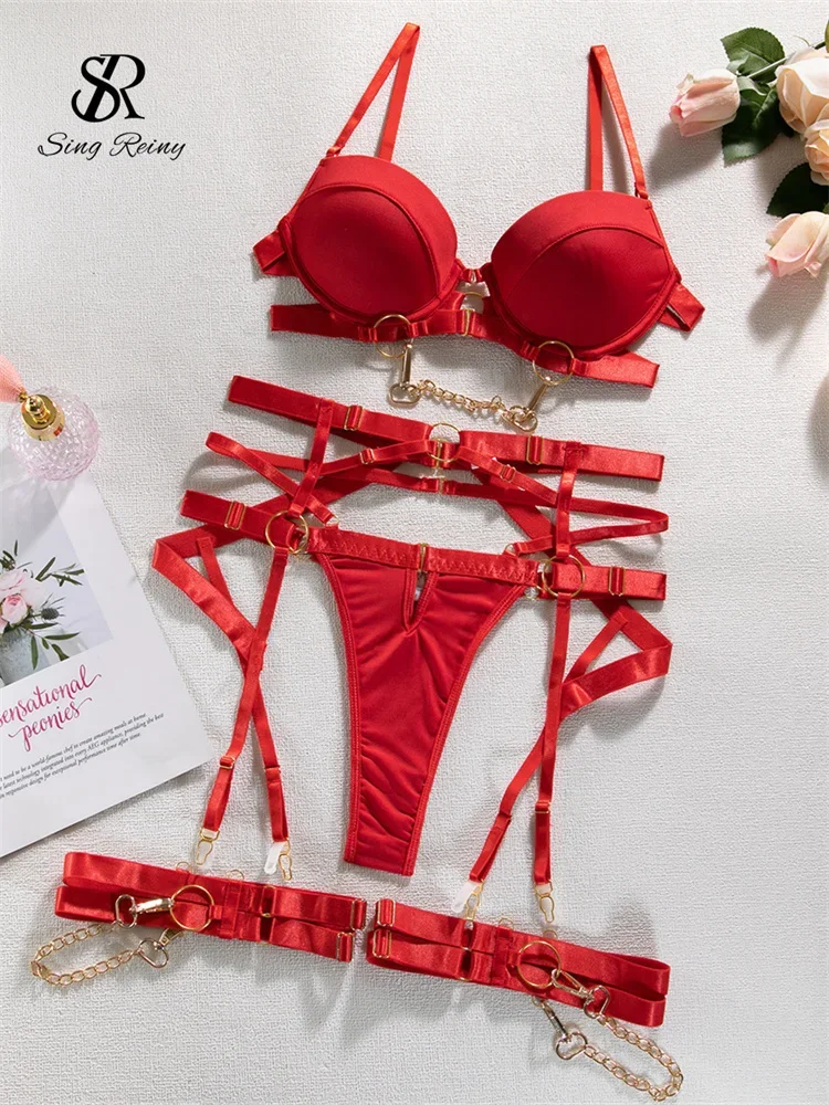 

SINGREINY Sexy Fashion Chain Erotic 3 Pieces Sets Ladies Straps Backless Corset Underwear Solid Erotic Sensual Bra&Briefs Suits