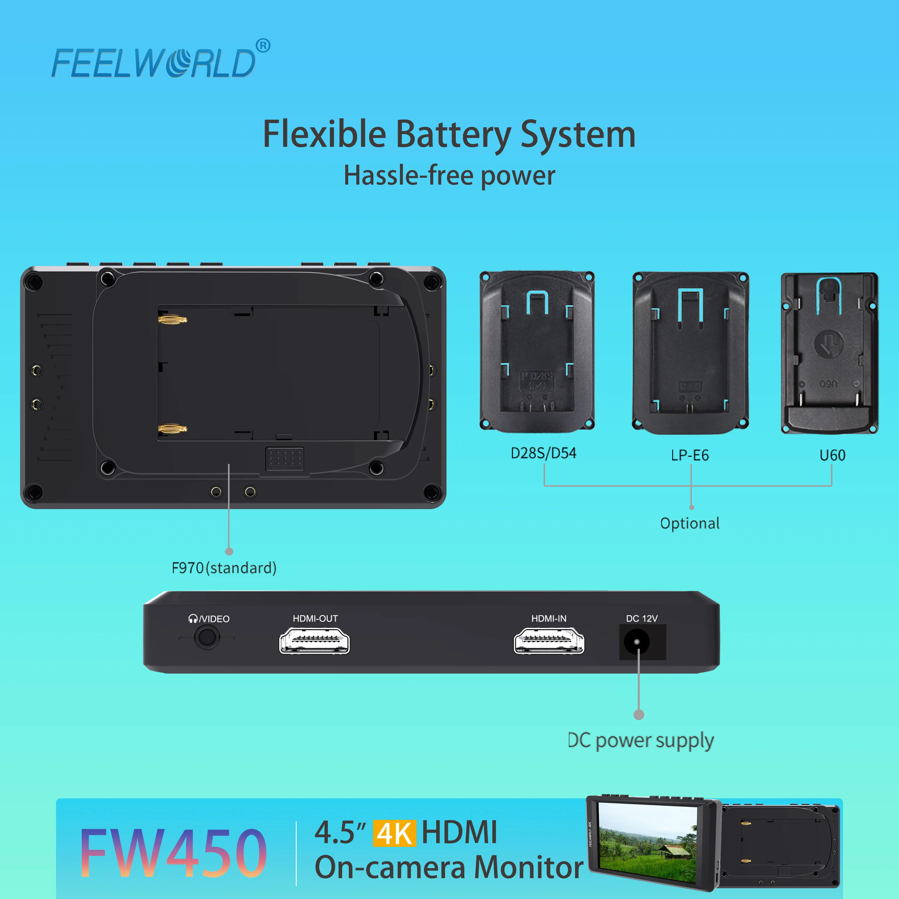 Monitor assistente de transmissão FEELWORLD FW450 4,5 "HD IPS 1280x720 HDMI 4K Entrada Monitoramento de áudio Escala personalizada