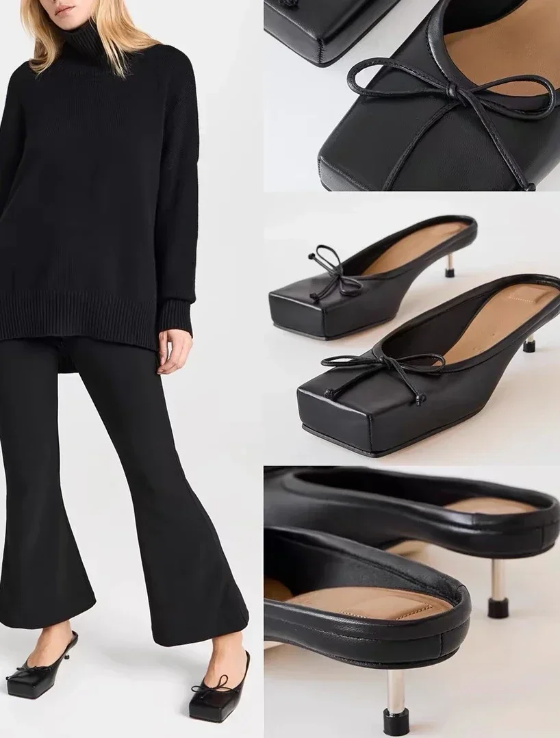 New Designer Mule Pumps Women Brand Square Toe Sandals Women Bow Sexy Party Dress Shoes Elegant Luxury High Heels Slippers Women