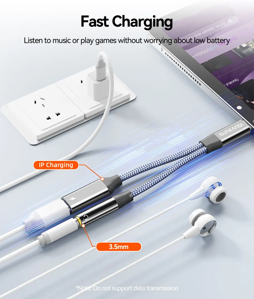 SUNKANDI 2 in 1 Dongle Adapter, Lightning to 3.5mm Headphone and Lightning to Dual Lightning Audio and Charging Ports Splitter