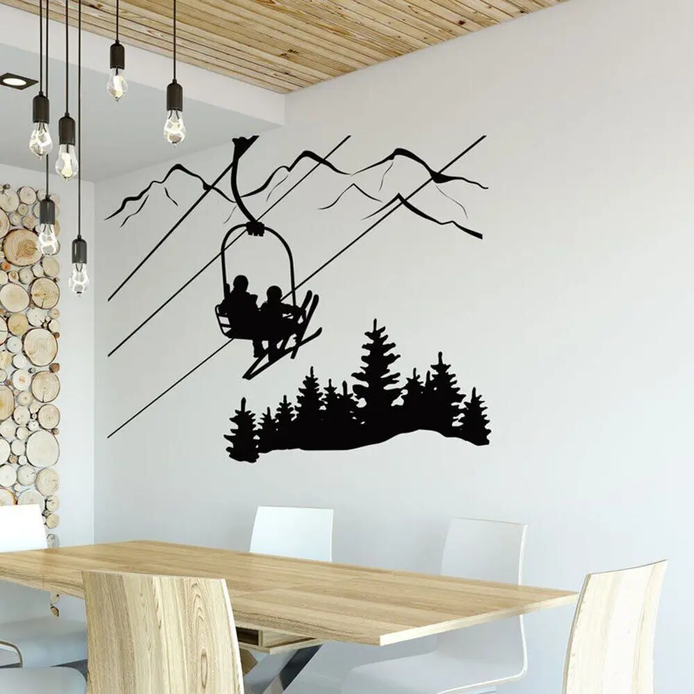 Calcomanía de pared de esquí para sala de estar, silla elevadora de esquí, pegatina de árbol de pino de montaña, pegatinas de vinilo para pared para deportes de invierno, decoración del hogar D929
