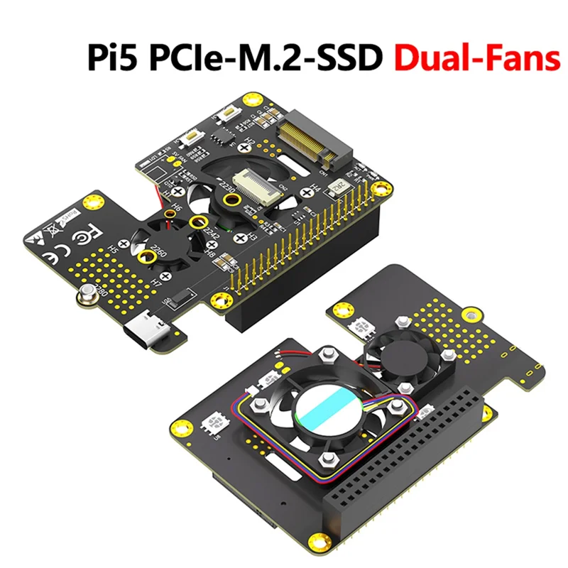 ABT-สําหรับ Raspberry Pi 5 Pcie To M.2 Nvme SSD หมวก 3In1 พร้อมพัดลมคู่ Gen2 Gen3 สําหรับ 2230 2242 2260 2280 M.2 M-Key Nvme SSD