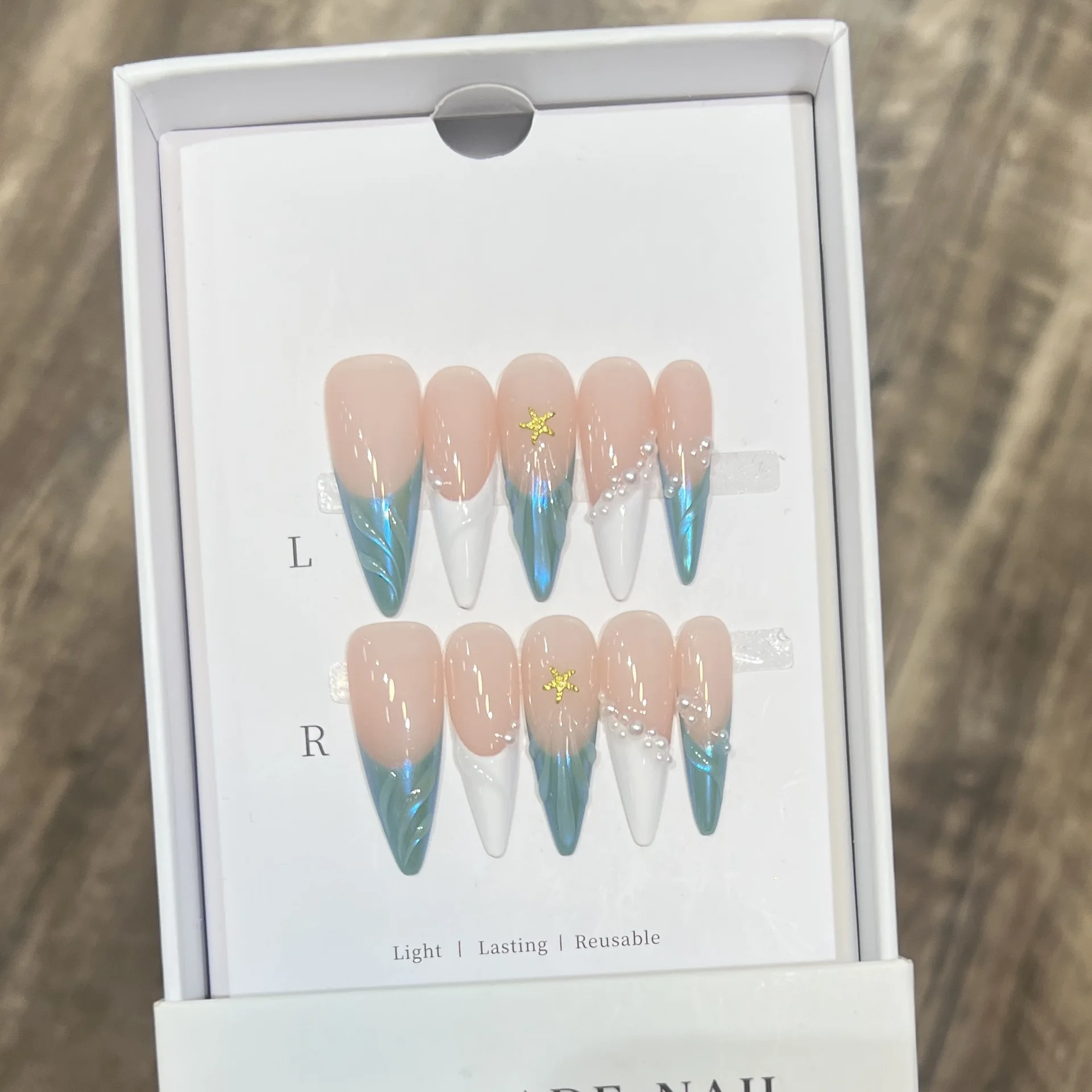 

10 шт., длинные накладные ногти ручной работы на шпильках, розовые 3D резные ногти во французском стиле, звездный жемчуг, крутые накладные ногти, носимые Spice Girls