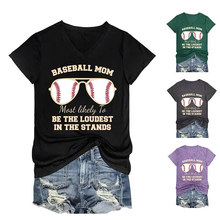 

Summer new short sleeve T-shirt baseball mom print loose V-neck casual fashion top