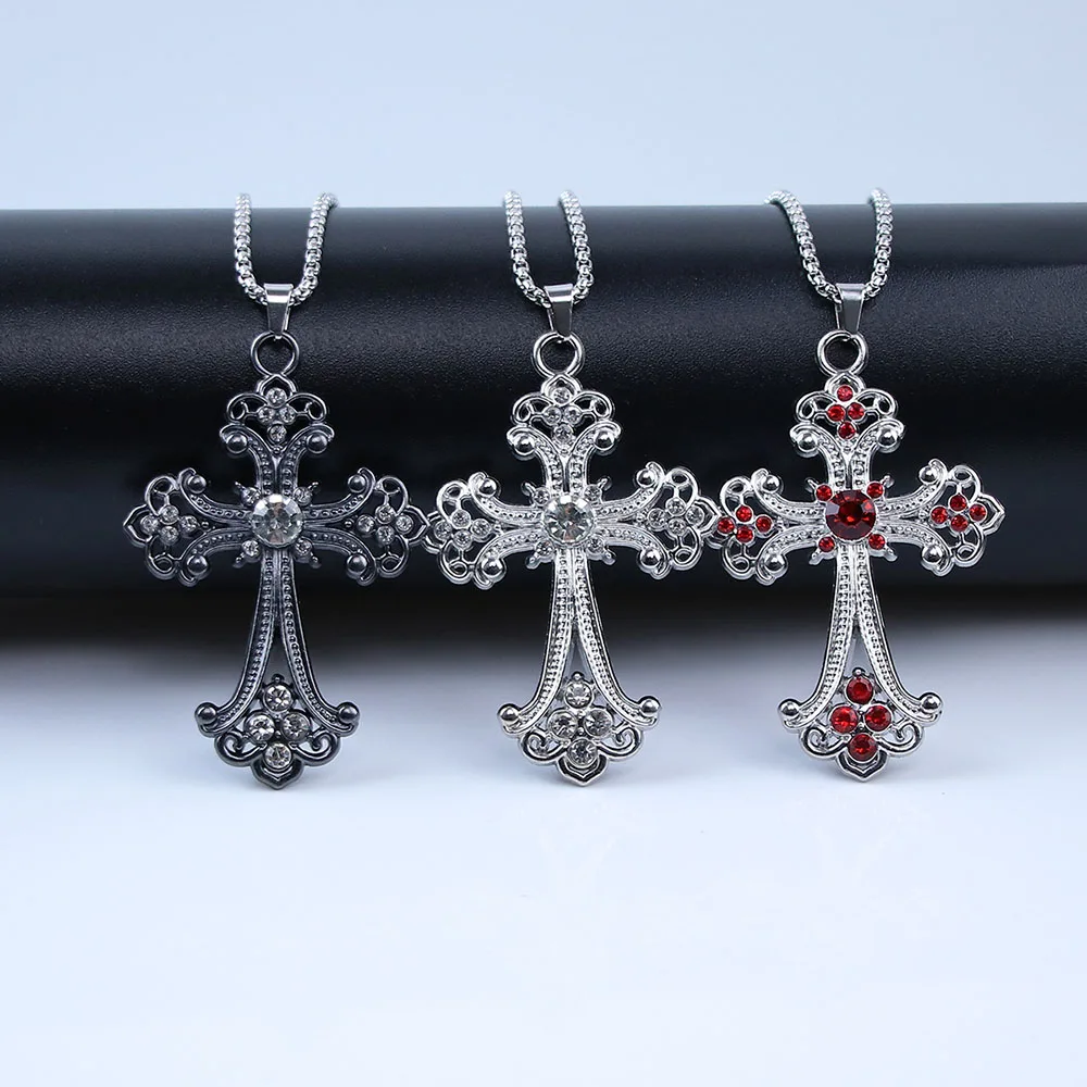 Elegant Vintage Gothic Cross Pendant Necklace for Men Women CZ Crystal Hollow Floral Cross Necklace Y2K Sweater Chains Jewelry