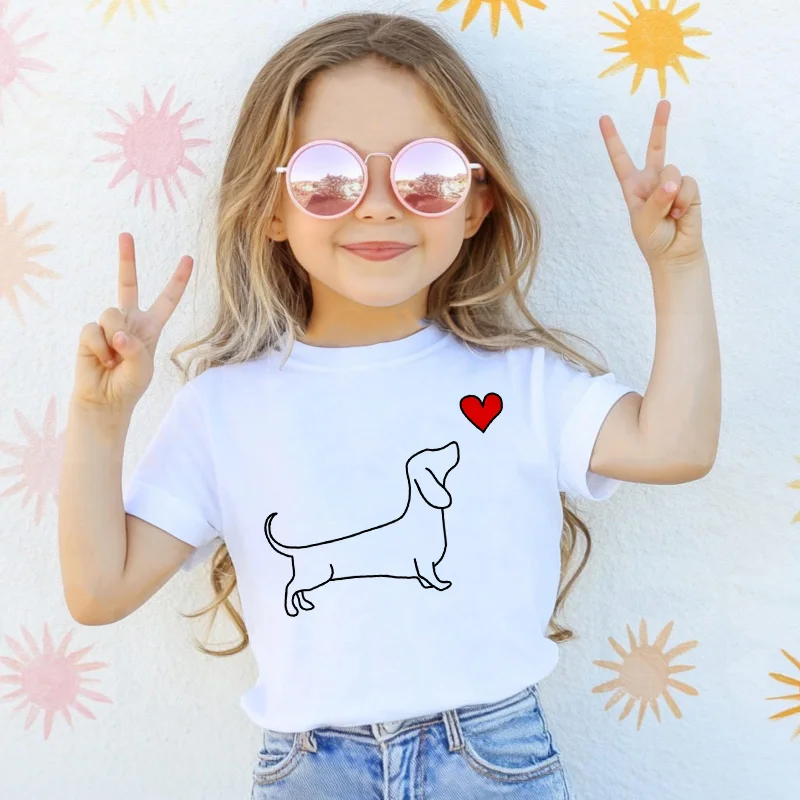 Dackel Teckel Niedlicher Hund Print T-Shirt Lustige T-Shirts Baby Junge Mädchen T-Shirt Kinder Jungen Top Kind Sommer Kurzarm Weiße Tops