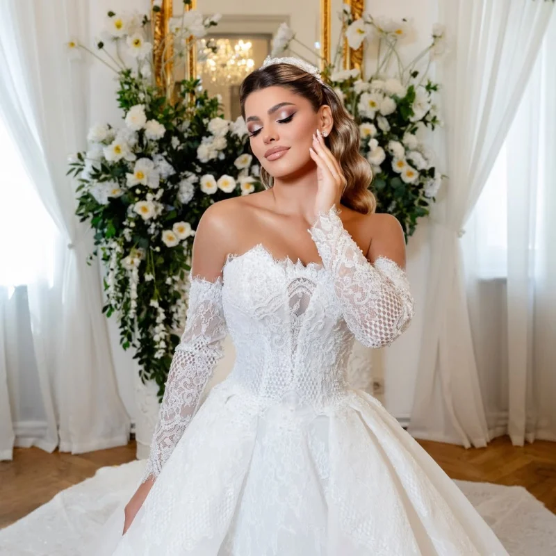 Simple Shiny White Wedding Dresses Glitter Decal Skirt Long Tail Ball Gown Skirt Layered Made Wedding Dress Bridal Gown Customiz