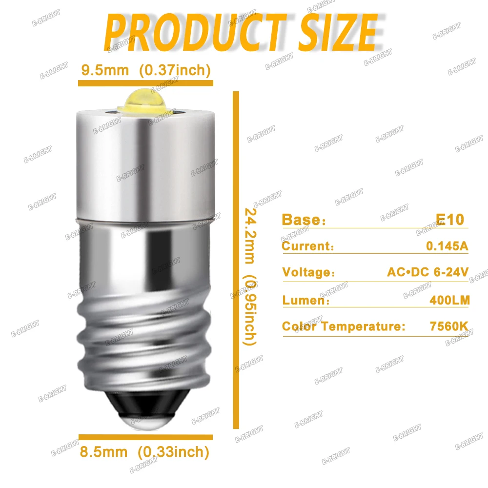 Lampe de poche LED blanche à vis E10, 7500K, 2x3W, 3V, 6V, 6.3V, 12V, 18V, 24V, ampoule, arcade, voiture, vélo, torche, travail d\'urgence, cellules