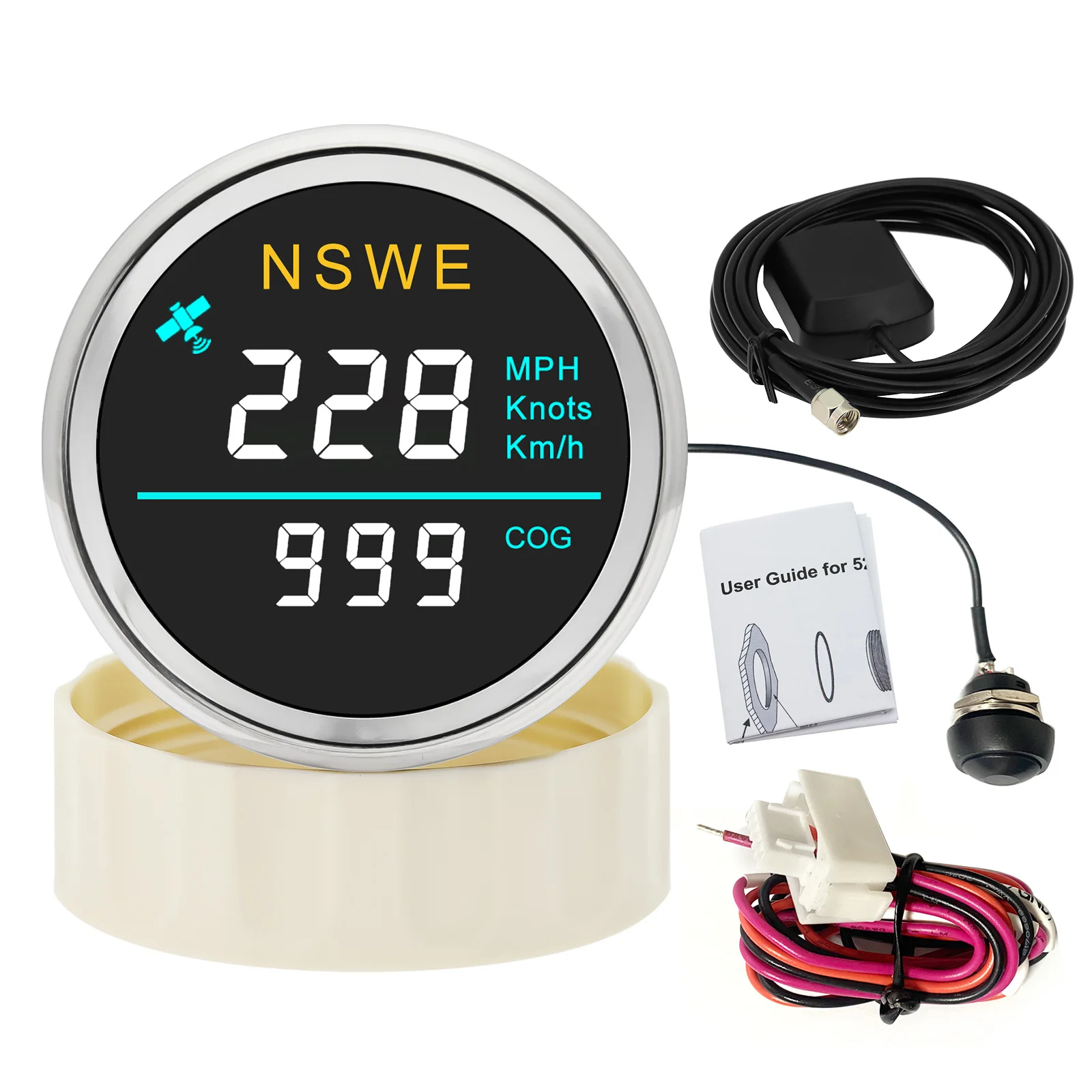 52 مللي متر سيارة قارب GPS عداد السرعة 0-299 كجم/ساعة MPH عقدة NSWE الأحمر/الأخضر الضوء الأبيض مع هوائي GPS 12 فولت 24 فولت