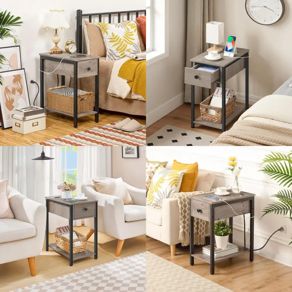 

Compact Charging Station Nightstand with Storage for Small Spaces, Living Room, and Bedroom in Greige and Black