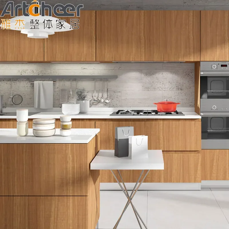 Modern Kitchen Cabinet Set with Crown Moulding Soft Close Hinges & Faucet Durable Laminate Countertop & Drawer Basket