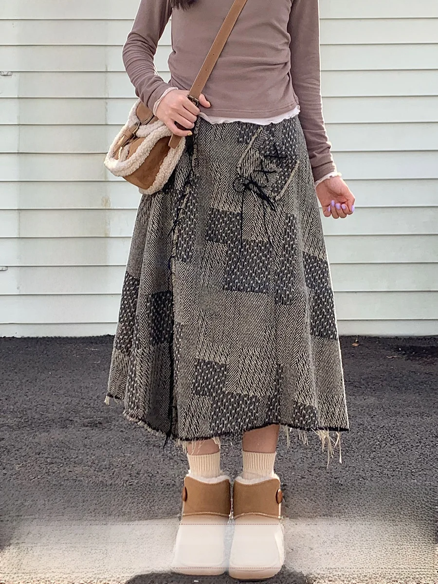 

High Waist Woolen Plaid Skirt Women's Midi A-Line Skirt College Sle Autumn Winter Vintage Warm Knitted Skirt
