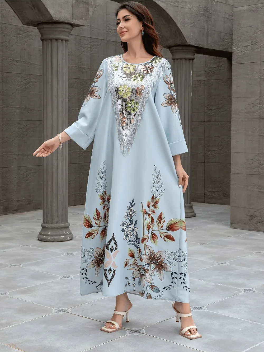 Ramadan Eid Muslim Maxi Abaya for Women Party Dresses Sequins Tassel Print Robe Morocco Dubai Abayas Jalabiya Kaftan Vestidos