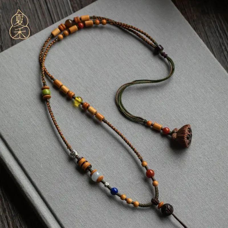 High-grade Olive Core Beaded Necklace Lanyard Hand-woven Jade Pendant Lanyard Duobao Woolen Chain Women's Retro Zen Style Rope