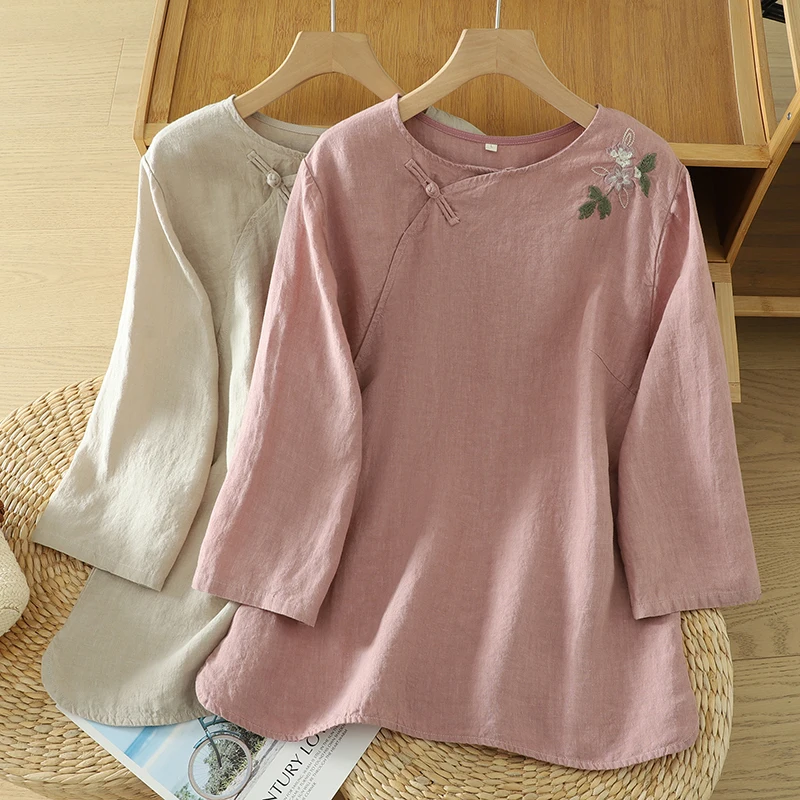 

Summer New Loose Casual Retro Artistic Embroidery Side Button Women's Shirt Large Size Comfortable Breathable Cotton Top