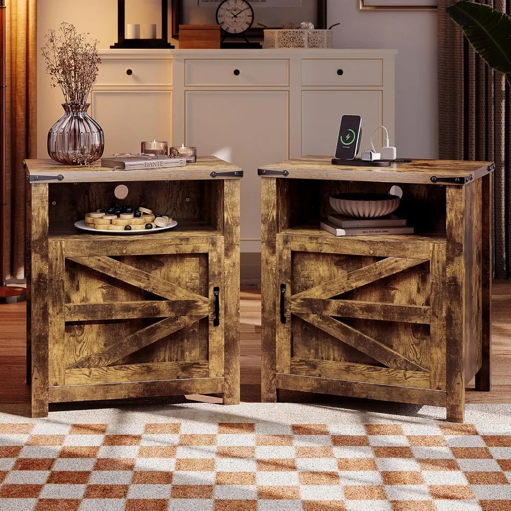 

Farmhouse End Table, 21'' Rustic Nightstand with Barn Door, Sofa Side Table with Open and Closed Storage