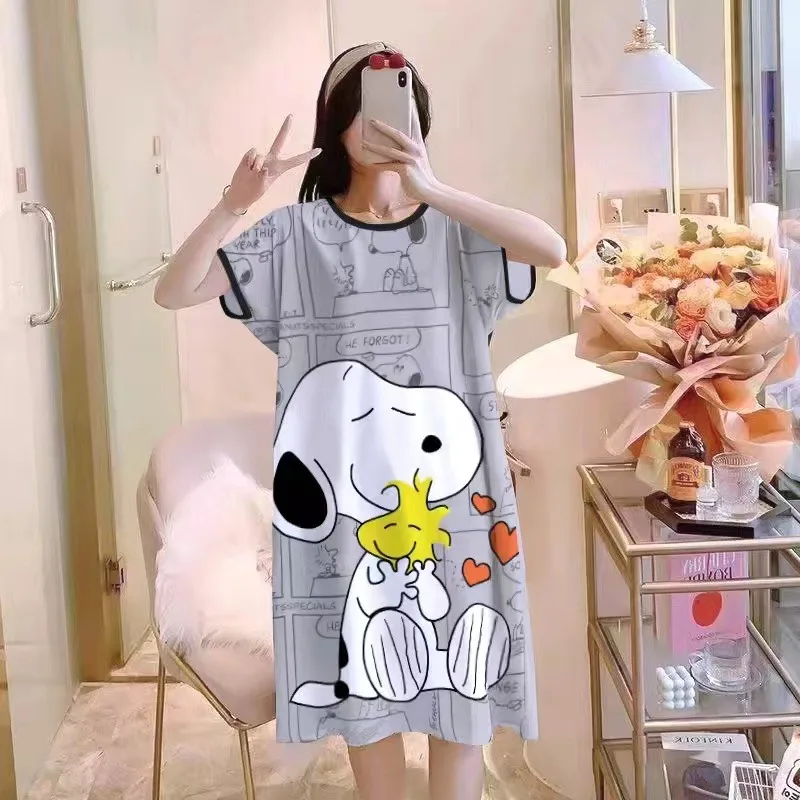 Snoopy piyama lengan pendek anime kawaii untuk wanita, pakaian rumah manis lucu kartun longgar versi Korea musim panas hadiah ulang tahun