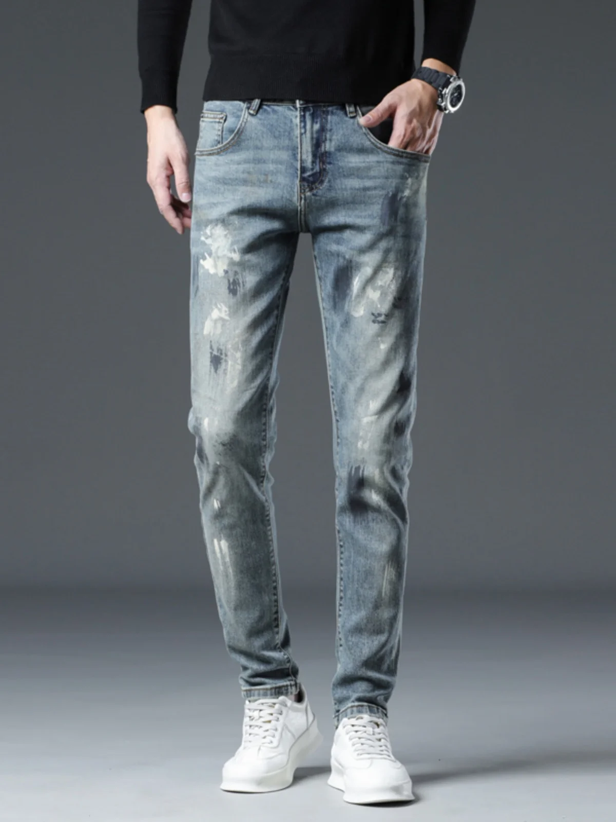 

Hong Kong High-End fiti Splatter Denim Jeans Men's American Retro Slim Fit Elastic Casual Versatile Long Pants