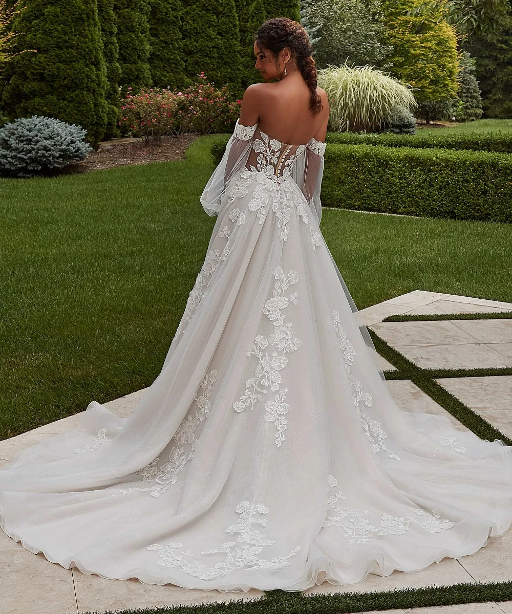 2024 맞춤형 보헤미안 A라인 웨딩드레스 퍼프 롱 슬리브 레이스 아플리케 비즈 장식 신부 드레스 베스티도 데 YAW89