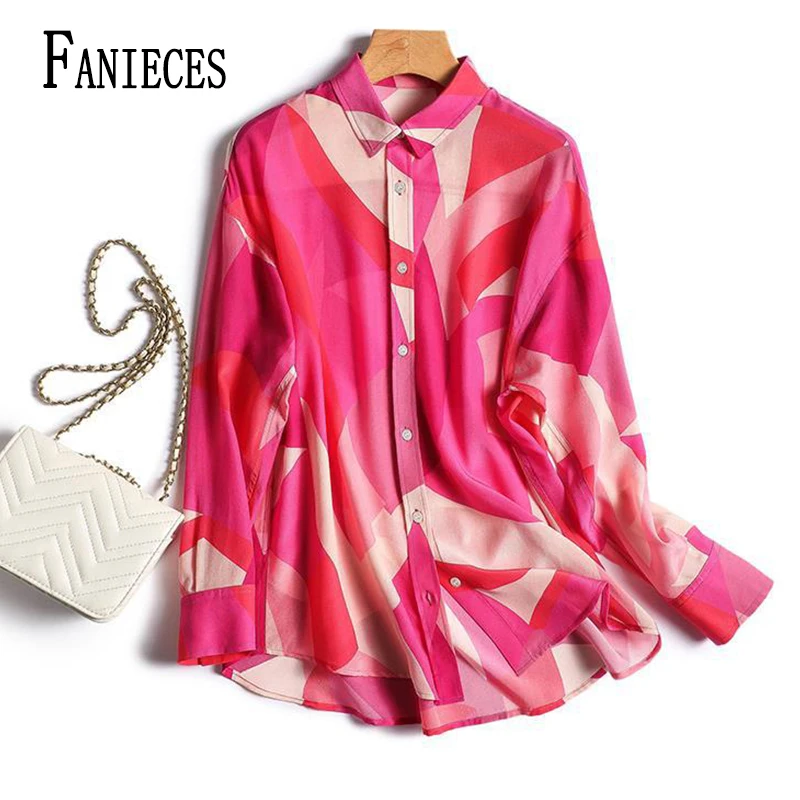 FANIECES Satin Vintage Elegant Chic shirts blouse Women\'s Spring Autumn Fashion Pink Print Shirt Office Ladies Blouse Tops 6837