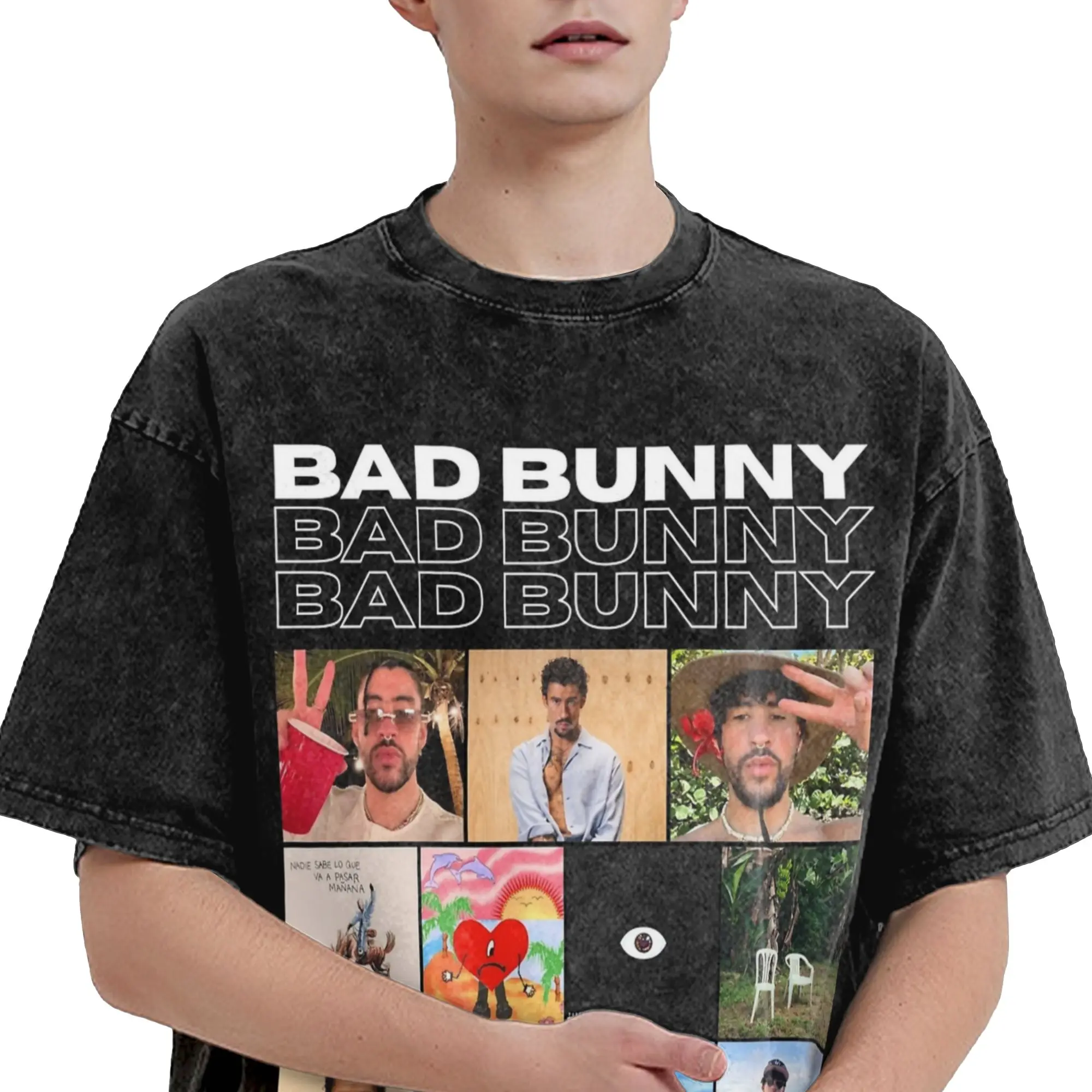 باد باني كولاج بورتوريكو تي شيرت الهيب هوب غسلها قصيرة الأكمام عالية الشارع تي شيرت للرجال النساء بلايز الشارع الشهير تي شيرت #5