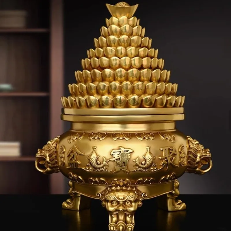 Brass treasure bowl ornament, copper ingot with open lid, creative home decor for living room