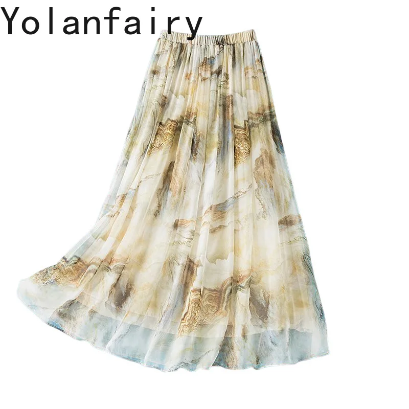 YOLANFAIRY 100% Real Mulberry Silk Skirts for Women 2026 Summer Fashion Floral Skirt Elastic Waist Elegant Skirts Woman Clothes