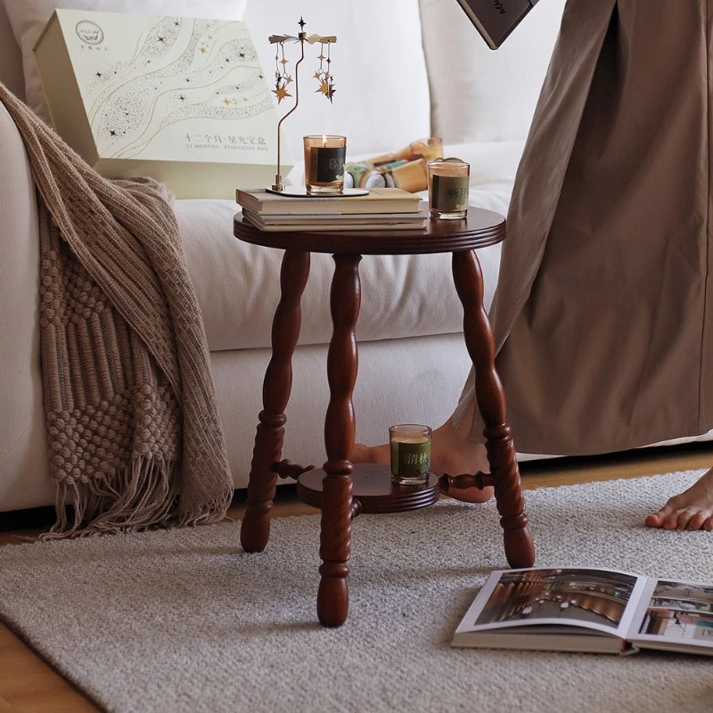 

Retro stool vintage teak dressing makeup solid wood French round stool medieval furniture