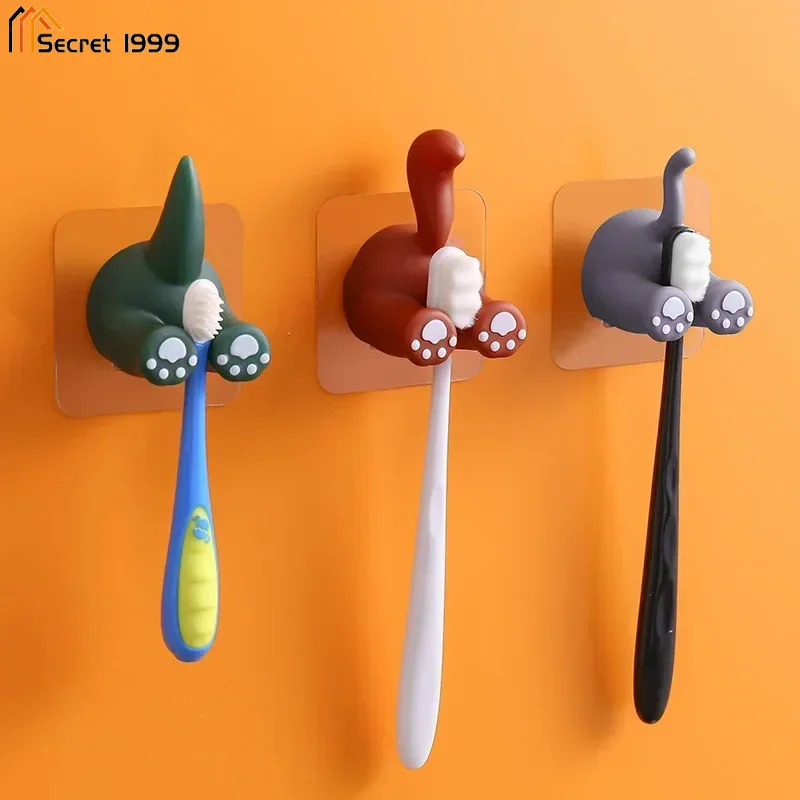 

Cartoon Animal Tail Toothbrush Holder Punch-Free Wall Hook Cute Self-adhesive Bathroom Towel Hook Children Toothbrush Holder