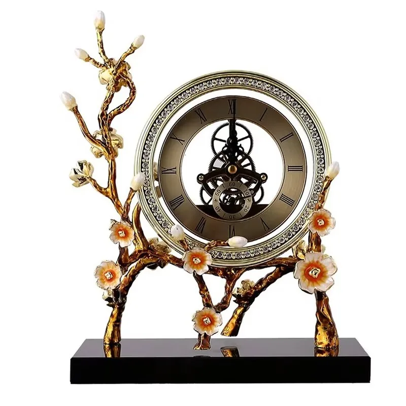 New zinc alloy flower branch crystal professional table retro plastic clock gold mechanism living room home decoration accessori