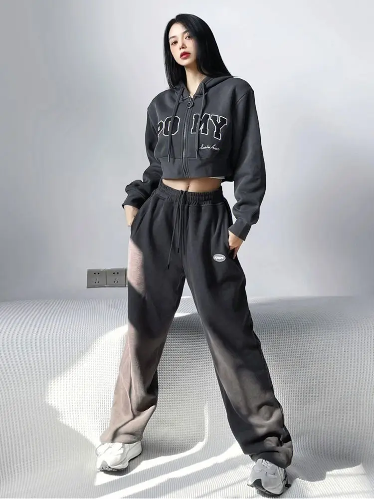 

Sweet Hot Girl Casual Suit Women's Autumn and Winter Hooded Loose Jacket High Waist Wide Leg Pants Two-piece Set Female Clothes