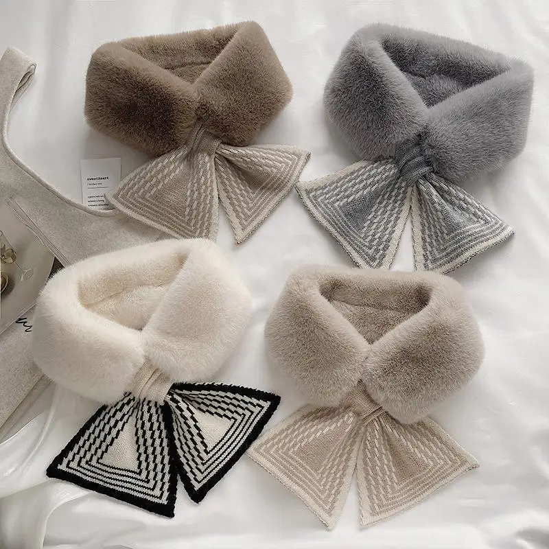 

Winter Warm Solid Color Winter Neck Warmer Thicken Faux Rabbit Fur Plush Scarf Neck Warmer Cross Collar Scarf Cold Weather