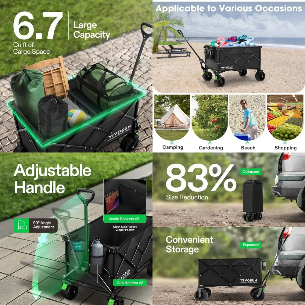 

All-Terrain Folding Wagon for Outdoor Adventures with Silent Wide Wheels, Adjustable Handle, Cup Holders, and Side Pockets - Per