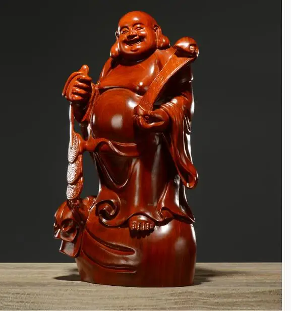 HOME Company store bring in wealth making money The God of Maitreya Buddha Handmade Yellow pear wood carving statue