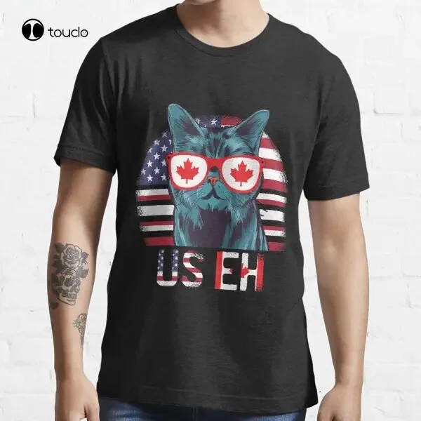 Cat American Canadian Us Eh America Flag Canadian Pride T-Shirt Tee Shirt Running Shirt Custom Gift Streetwear Tee Shirt Tshirt