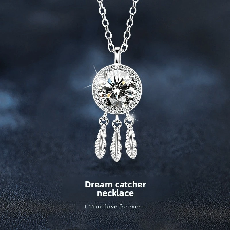 

One carat Moissanite dreamcatcher necklace S925 sterling silver clavicle chain GRA certified for lover's birthday gift