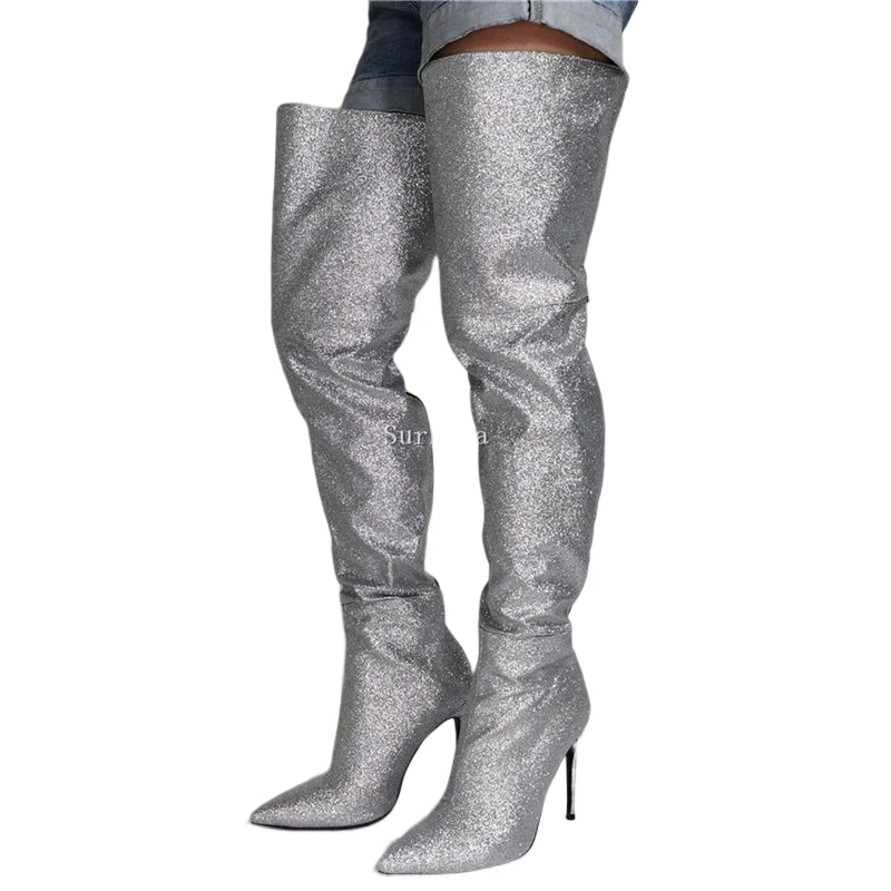 Thigh High Boots Glitter Silver Sparkly Diamante Boots Pointed Toe Over The Knee Boots Women Stiletto Heels for Party Club Shoes