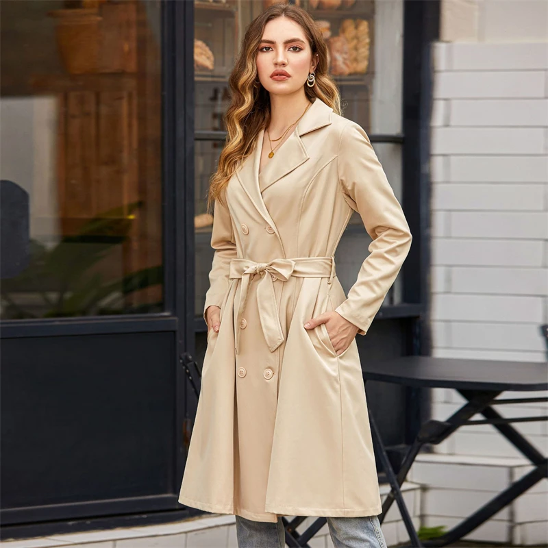 Chaqueta Cortavientos de Moda para Mujer, Otoño Invierno, Europa y Estados Unidos, Nueva, con Bolsillos, Delgada, con Correa, Abrigo Largo con Cuello de Solapa, Estilo Femenino